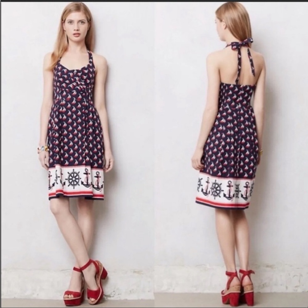 Vintage Anthropologie Postmark Windward Sailboat Halter Dress 0P ⛵️ ⛵️